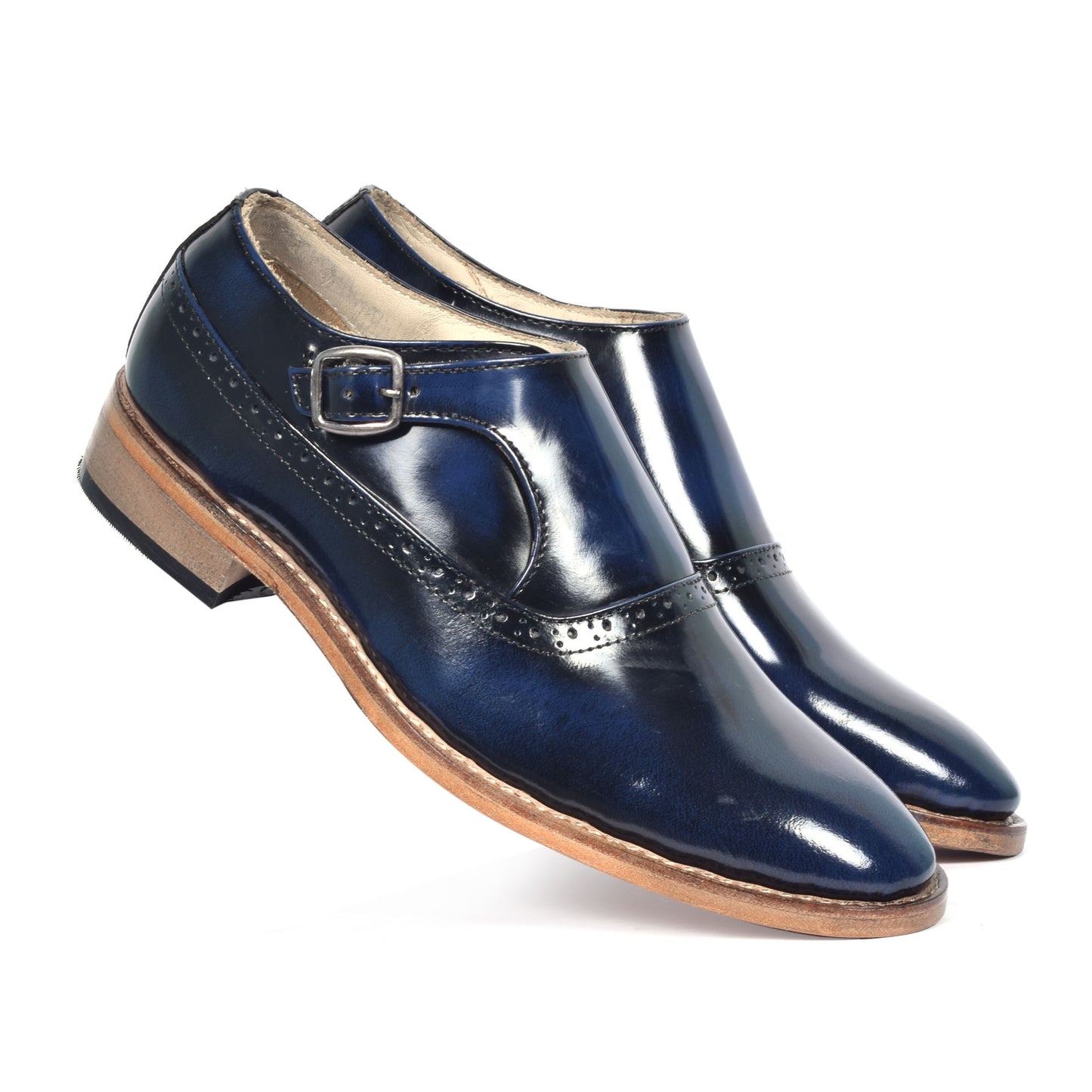 Goodyear Welted Monk Strap Shoes :  Blue Brush off leather with Memory foam footpad.