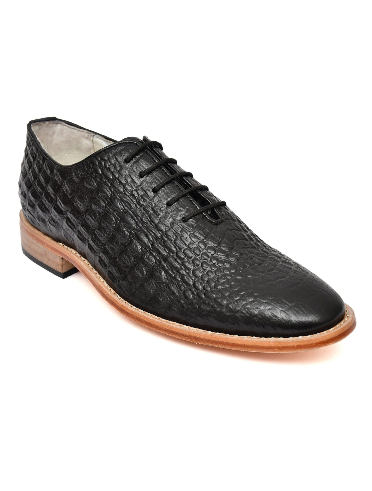 Goodyear Welted Derby Shoes :  Black Croco Embossed leather with Memory foam footpad.