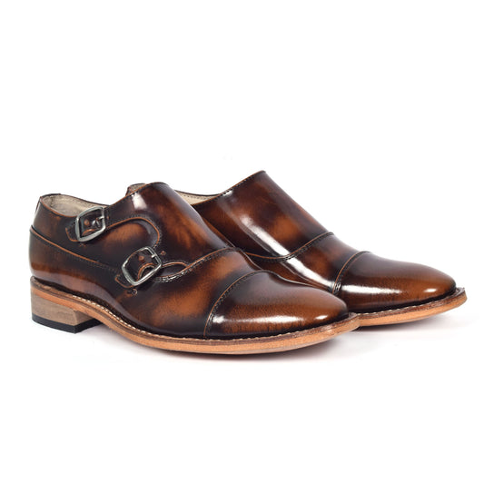 Goodyear Welted Monk Strap Shoes :  Tan Brush off leather with Memory foam footpad.