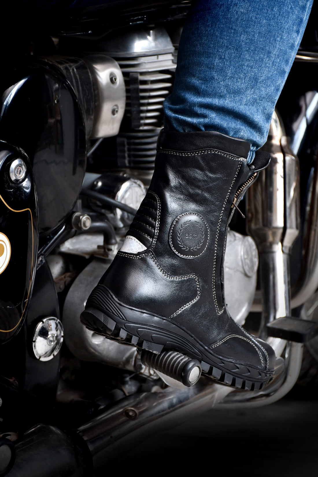 Biker Boots : Waterproof Black leather Rider boots for bikers with Memory foam footpad.
