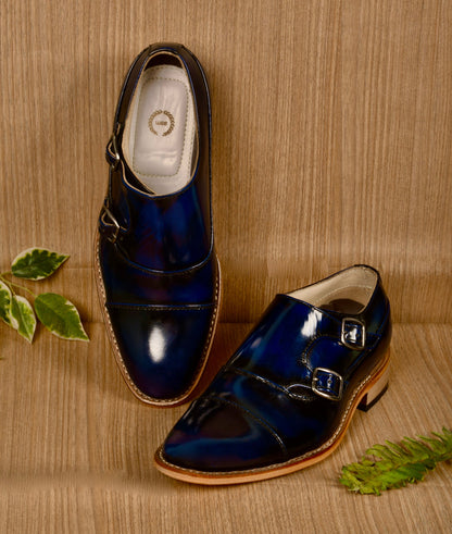 Goodyear Welted Monk Strap Shoes :  Blue Brush off leather with Memory foam footpad.
