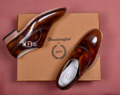 Goodyear Welted Monk Strap Shoes :  Tan Brush off leather with Memory foam footpad.