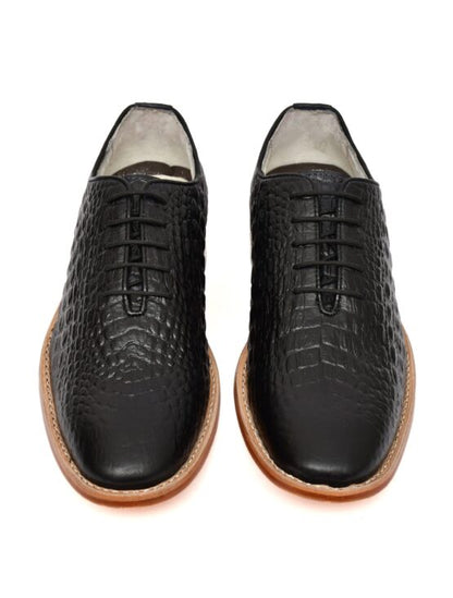 Goodyear Welted Derby Shoes :  Black Croco Embossed leather with Memory foam footpad.