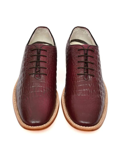 Goodyear Welted Derby Shoes :  Wine Croco Embossed leather with Memory foam footpad.