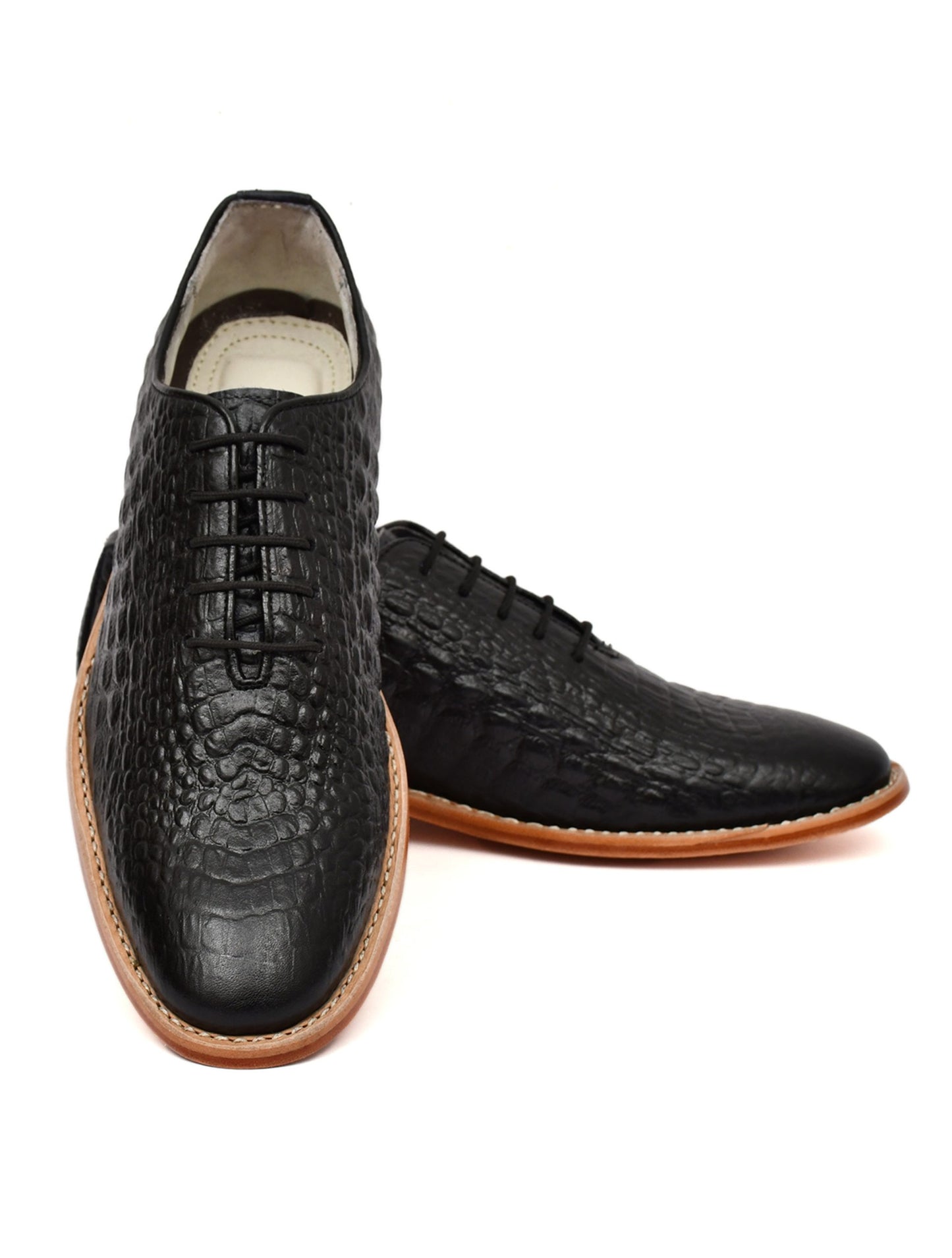 Goodyear Welted Derby Shoes :  Black Croco Embossed leather with Memory foam footpad.