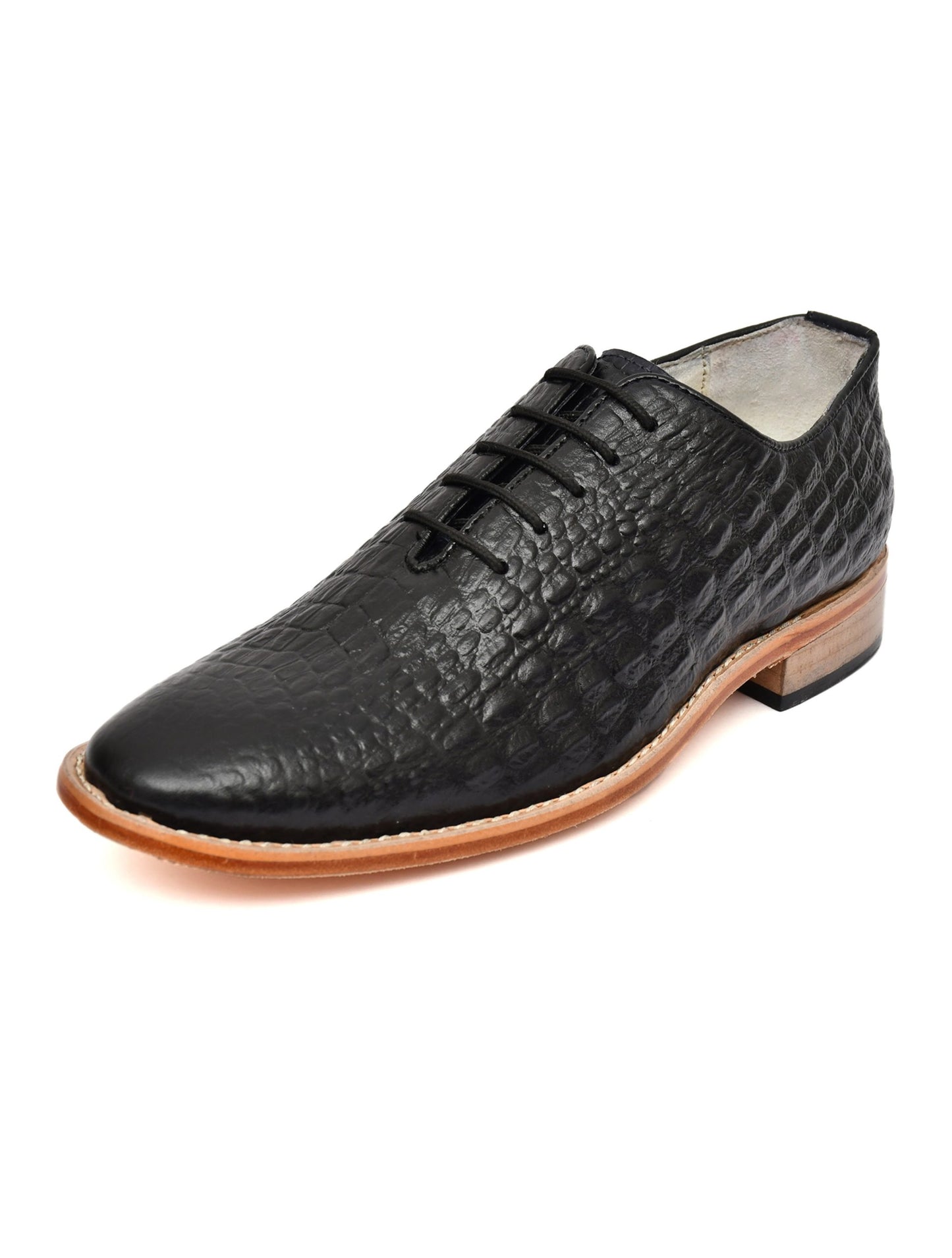Goodyear Welted Derby Shoes :  Black Croco Embossed leather with Memory foam footpad.