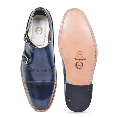 Goodyear Welted Monk Strap Shoes :  Blue Brush off leather with Memory foam footpad.