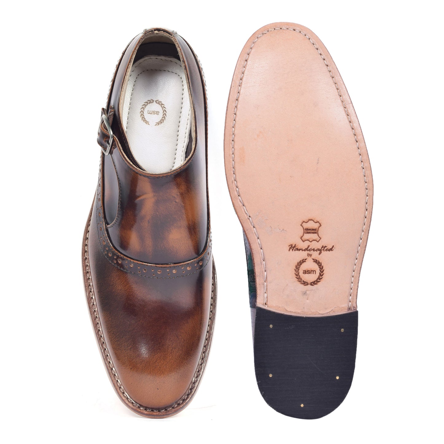 Goodyear Welted Monk Strap Shoes :  Tan Brush off leather with Memory foam footpad.