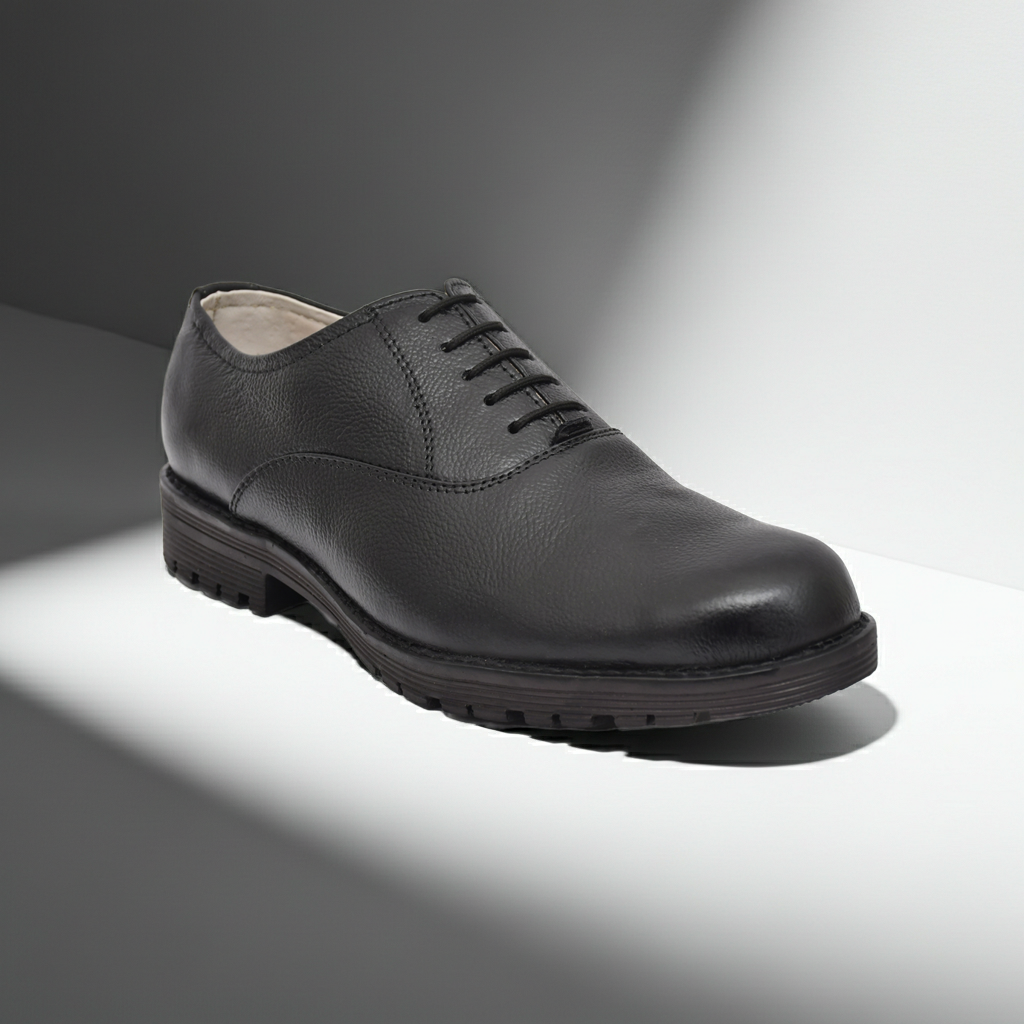 Safety Shoes : Industrial Safety Derby leather Shoes with Steel Toe & Memory foam footpad.