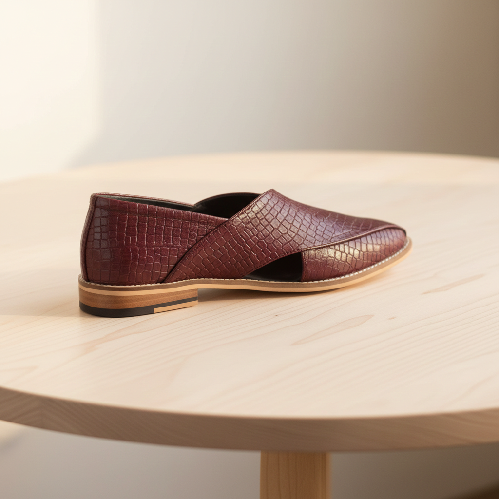 Peshawari : Alligator Wine embossed leather handmade Peshawari with Memory foam footpad. Article : P01_Alligator_Wine - Agra Shoe Mart