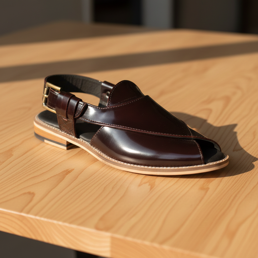 Peshawari : Wine brush off leather handmade Peshawari with Memory foam footpad. Article : P02_wineBrushoff - Agra Shoe Mart
