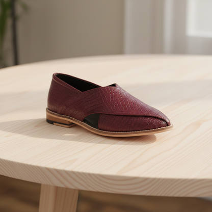 Peshawari : Alligator Wine embossed leather handmade Peshawari with Memory foam footpad. Article : P01_Alligator_Wine - Agra Shoe Mart
