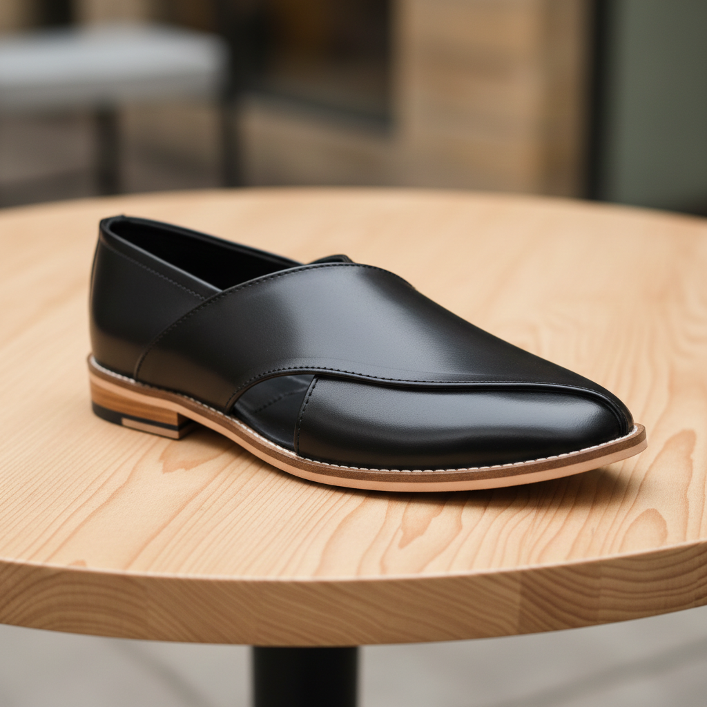 Peshawari : Black leather handmade Peshawari with Memory foam footpad. Article : Peshawari01 - Agra Shoe Mart
