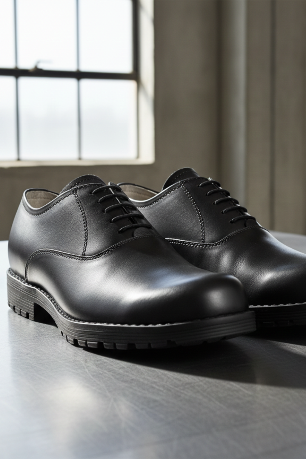 Safety Shoes : Industrial Safety Derby leather Shoes with Steel Toe & Memory foam footpad.
