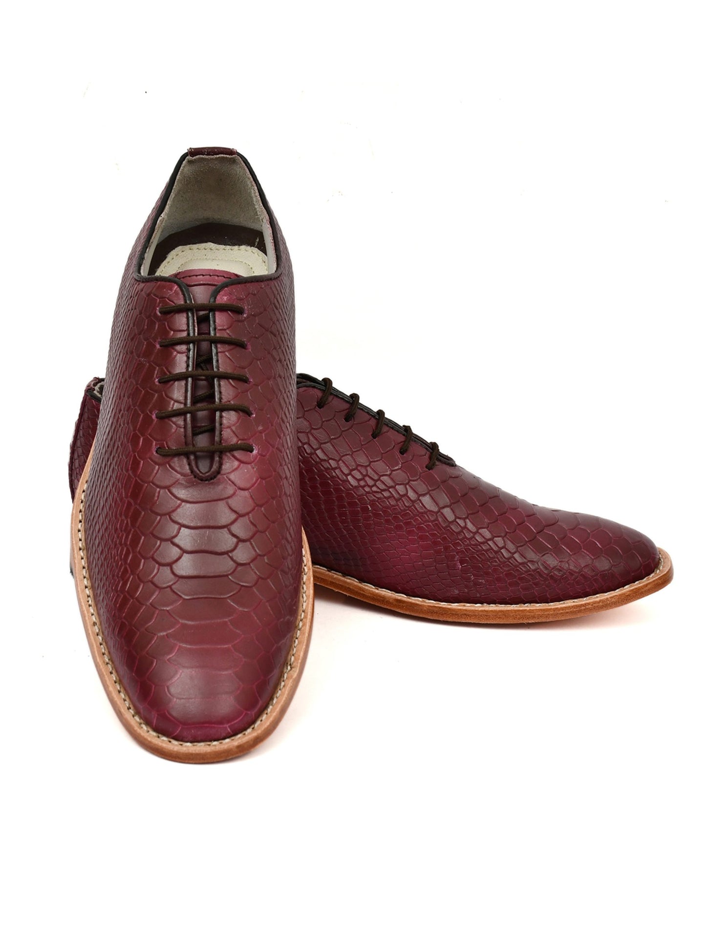 Goodyear Welted Derby Shoes :  Wine Cobra Embossed leather with Memory foam footpad.