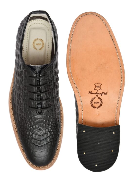 Goodyear Welted Derby Shoes :  Black Croco Embossed leather with Memory foam footpad.