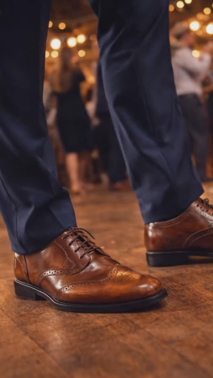 Scarpe con Rialzo Brogue in Pelle Tan - Calzature per Aumentare l'Altezza con Rialzo Nascosto di 7,5 cm