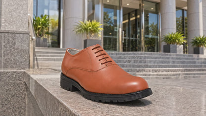 Police Uniform Derby Shoes - Genuine Leather Shoes with Memory Foam Footpad (Article-S102-PoliceTan)