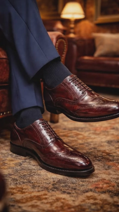 Elevator Shoes : 3″ Inches Hidden Height Increasing Wine Leather Brogue Shoes.