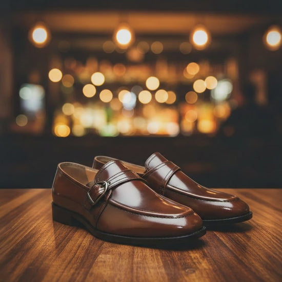Goodyear Welted Monk Strap Shoes :  Tan Brush off leather with Memory foam footpad. Article : HM02