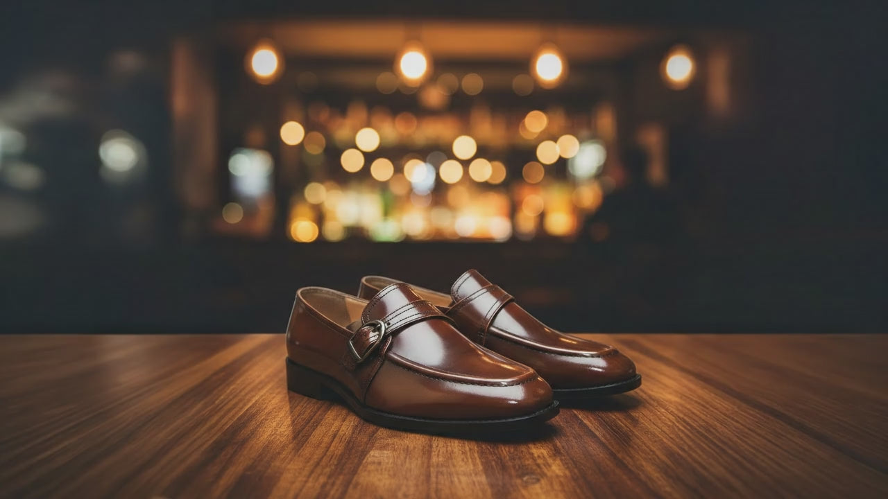 Goodyear Welted Monk Strap Shoes :  Tan Brush off leather with Memory foam footpad. Article : HM02