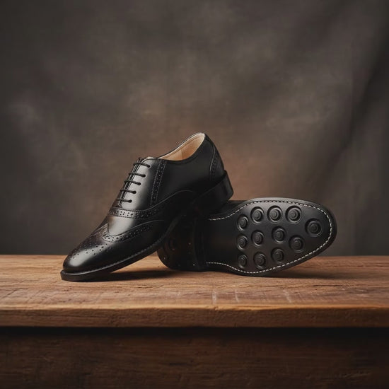 Goodyear Welted Brogue Shoes : Black Grain leather with Rubber sole and Memory foam footpad. HRG102-Blk.
