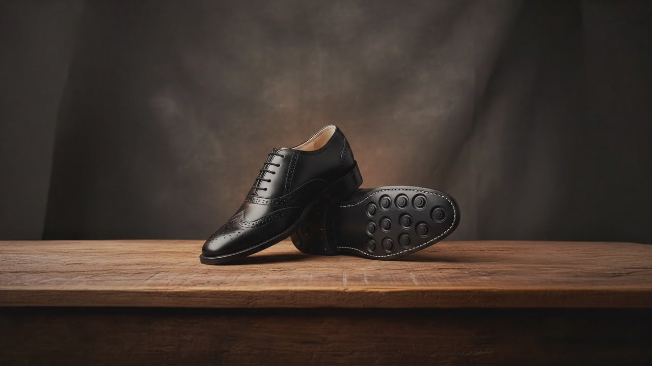 Goodyear Welted Brogue Shoes : Black Grain leather with Rubber sole and Memory foam footpad. HRG102-Blk.