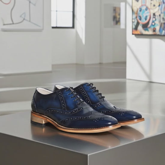 Elevator Shoes : 3″ Inches Hidden Height Increasing Handmade Goodyear Welted Blue Leather Brogue Shoes With Argentina Leather Sole, Fully Leather Lining &amp; Socks And Memory Foam Footpad.