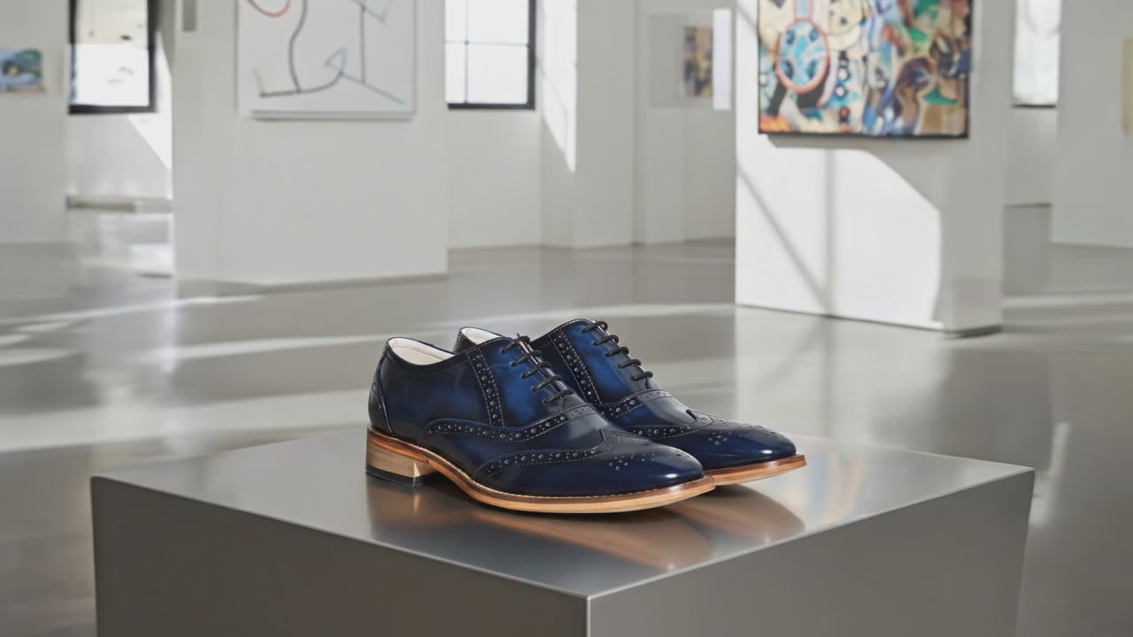 Elevator Shoes : 3″ Inches Hidden Height Increasing Handmade Goodyear Welted Blue Leather Brogue Shoes With Argentina Leather Sole, Fully Leather Lining &amp; Socks And Memory Foam Footpad.