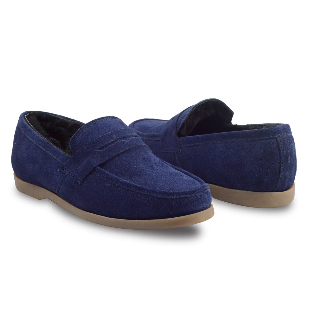 Winter Shoes : Blue Moccasins with Pure Fur, breathable Suede Leather ...