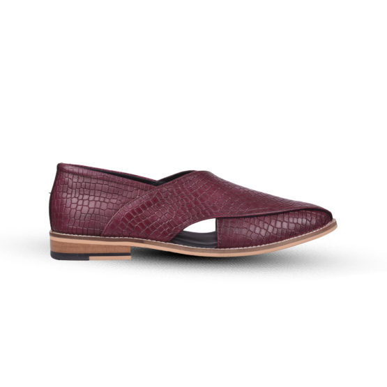 Peshawari Leather Sandals, Imported Alligator Print Leather upper, Softy Leather Lining with Memory Foam footpad for optimum comfort. Peshawari14-Alligator-Wine