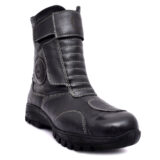 Biker Boots : Black Leather Waterproof Boots with Steel Toe, Heavy Duty Rubber Sole.