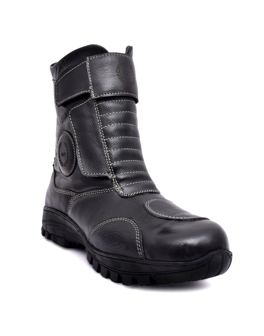 Biker Boots : Black Leather Waterproof Boots with Steel Toe, Heavy Duty Rubber Sole.