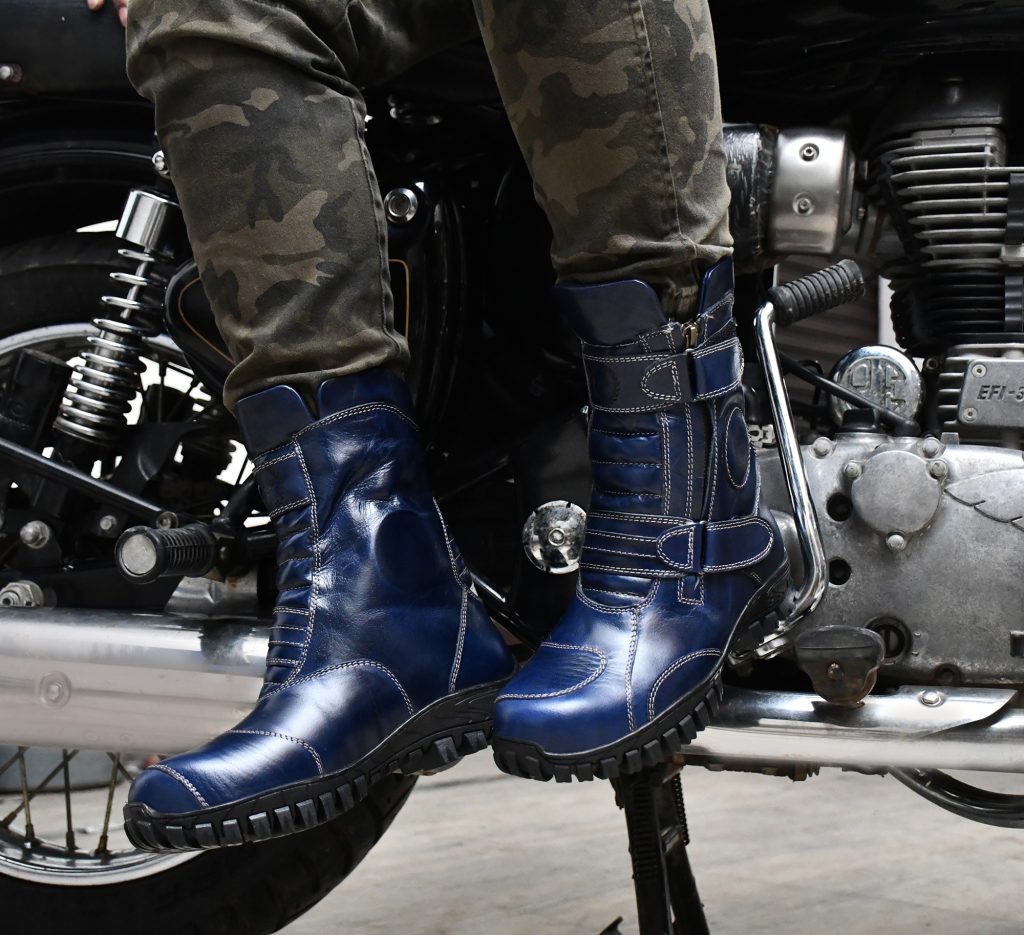 Biker Boots Blue Rugged leather boots with Steel toe Gear Shifter pad light reflector Ankle Protector