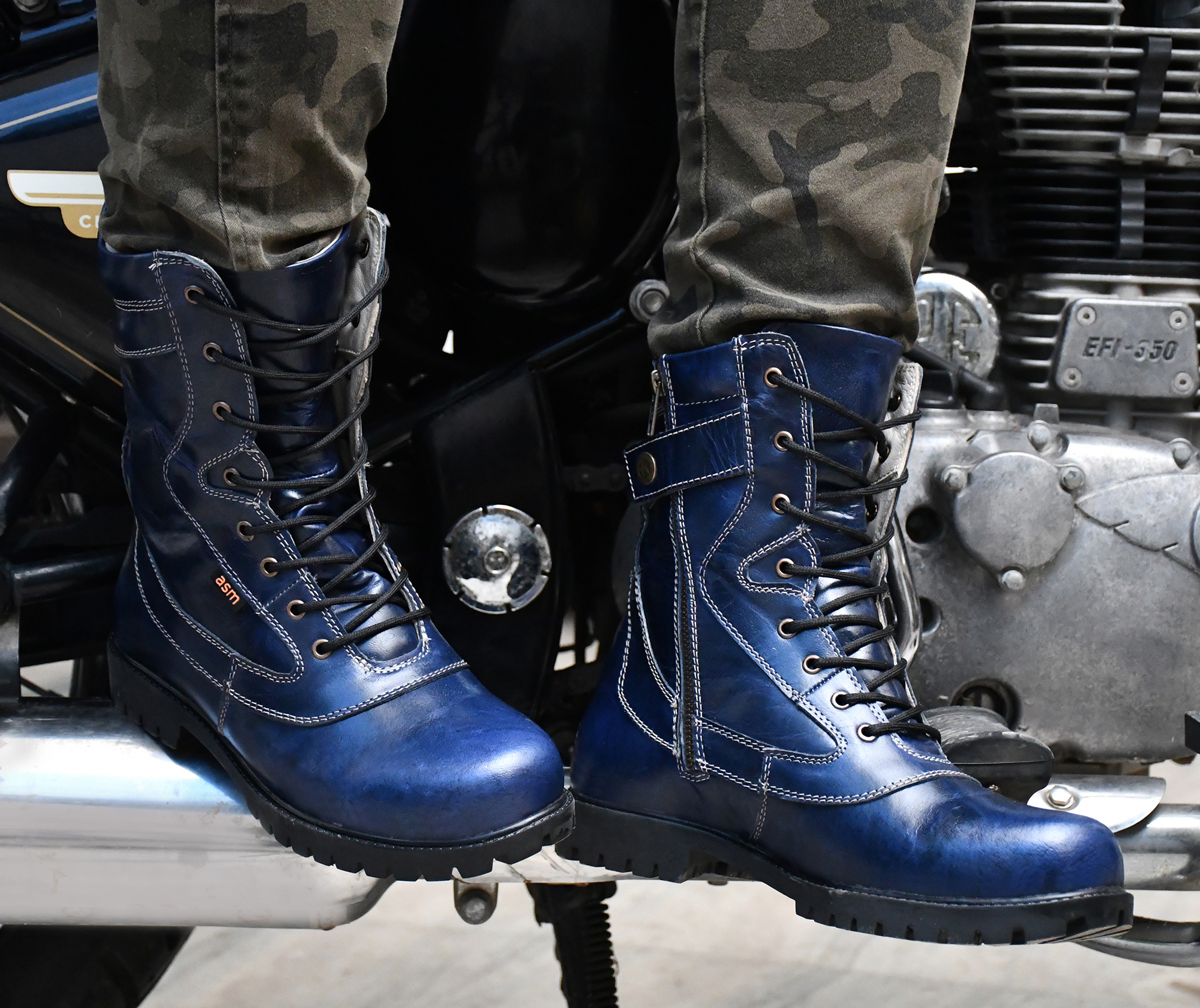 Biker Boots : Side-Zip Blue Rugged Leather 9 Inches long leather Boots. Article-703Blue