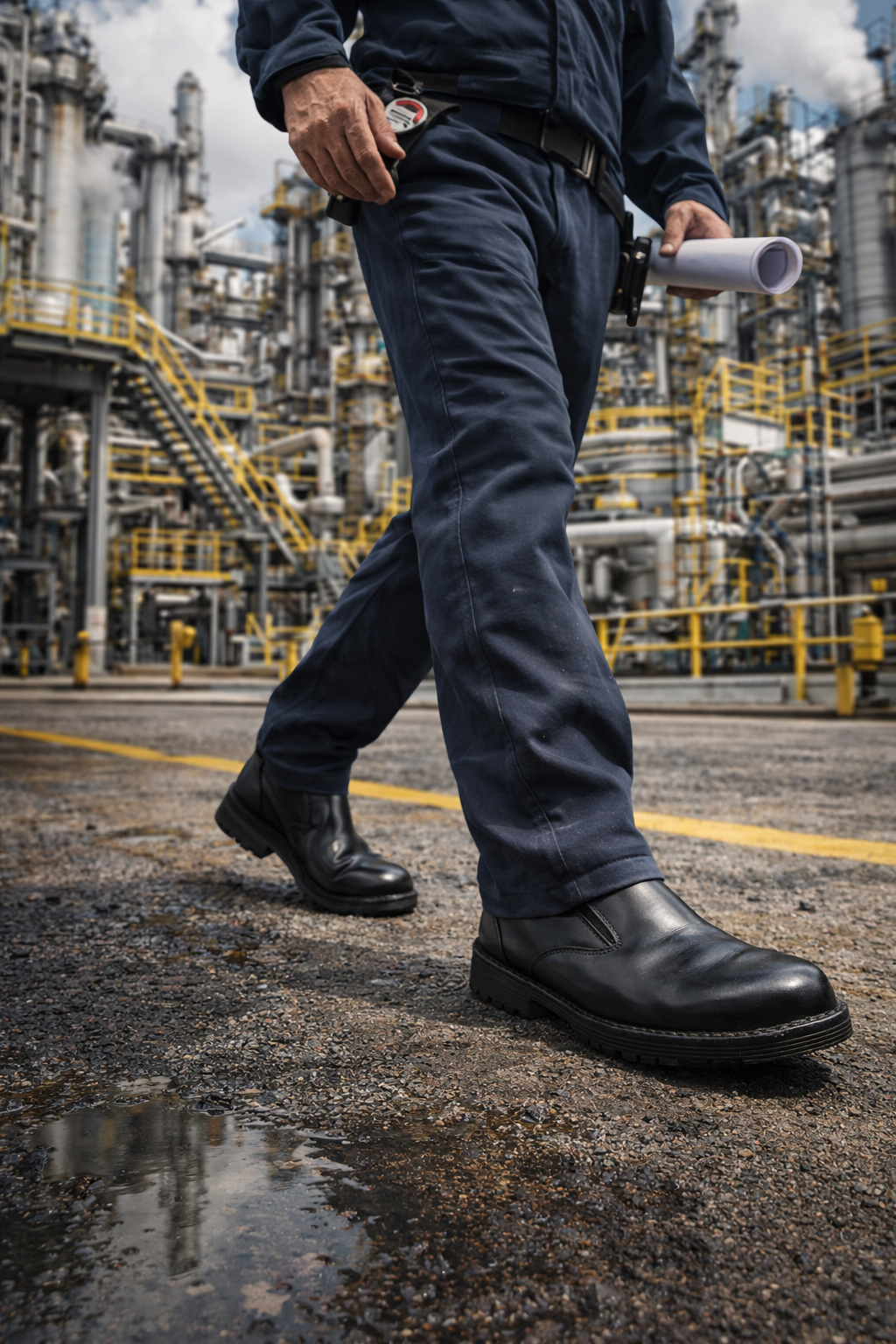 Safety Shoes : Men Genuine leather Slip On Derby Shoes with Steel Toe & Memory foam footpad by asm. Article: S120Black