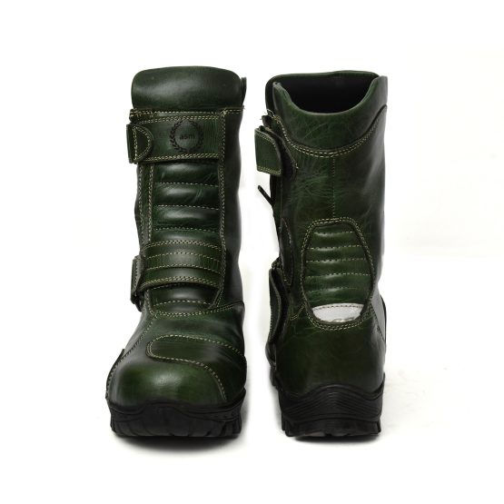 Green leather Biker boots with steel toe & Rubber sole by asm.