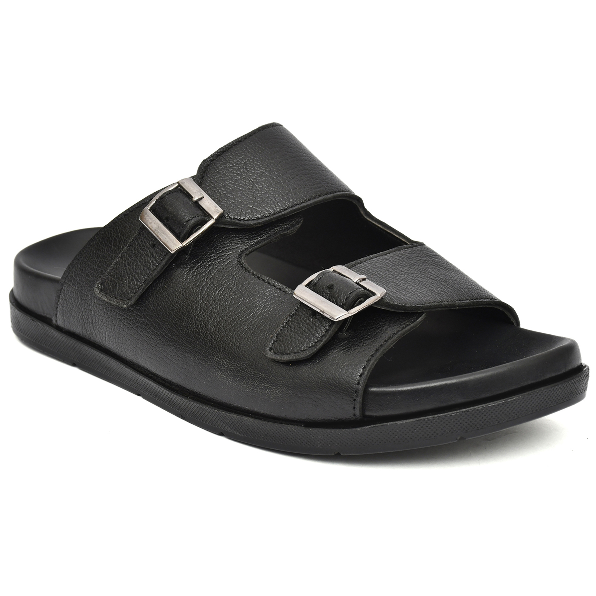 Black Leather Slippers for Mens with Memory foam footpad & TPR Sole by asm.