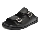 Black Leather Slippers for Mens with Memory foam footpad & TPR Sole by asm.