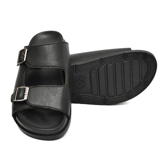 Black Leather Slippers for Mens with Memory foam footpad & TPR Sole by asm.