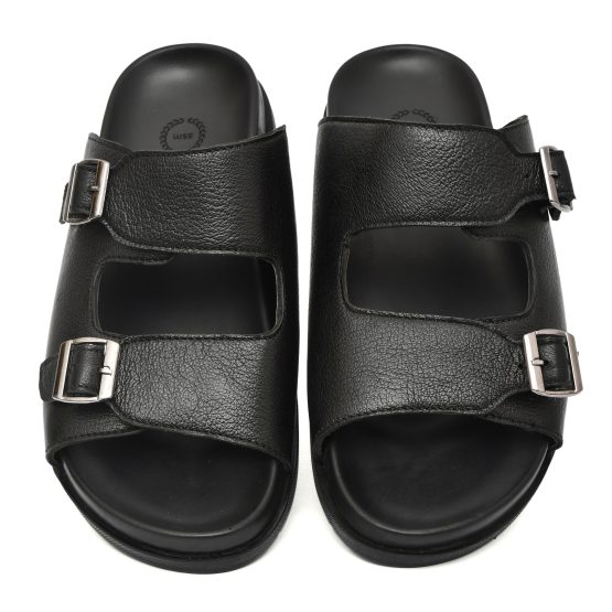 Black Leather Slippers for Mens with Memory foam footpad & TPR Sole by asm.