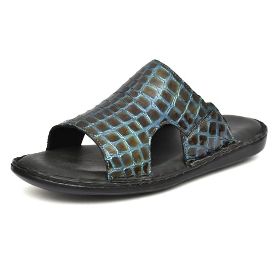 Turquoise Alligator Embossed Leather Slippers for Men with Memory foam footpad by asm.