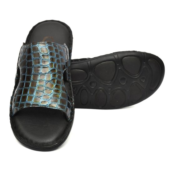 Turquoise Alligator Embossed Leather Slippers for Men with Memory foam footpad by asm.