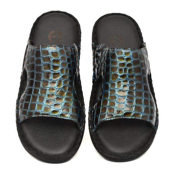 Turquoise Alligator Embossed Leather Slippers for Men with Memory foam footpad by asm.