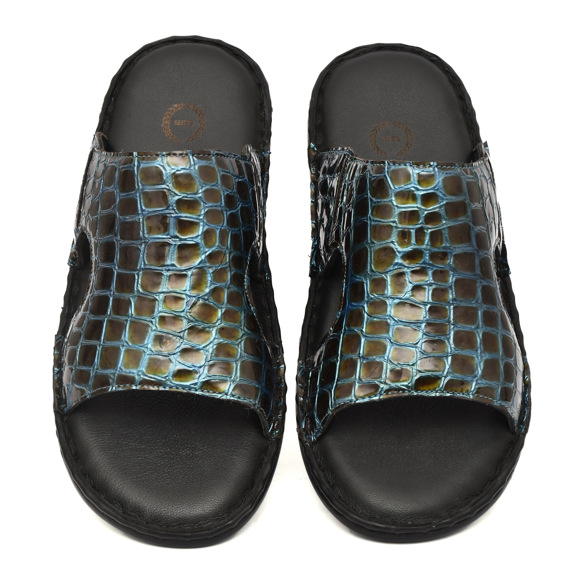 Turquoise Alligator Embossed Leather Slippers for Men with Memory foam footpad by asm.
