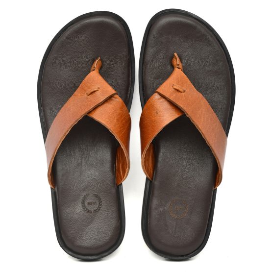 Tan Leather Slippers for Men with Memory foam footpad by asm.