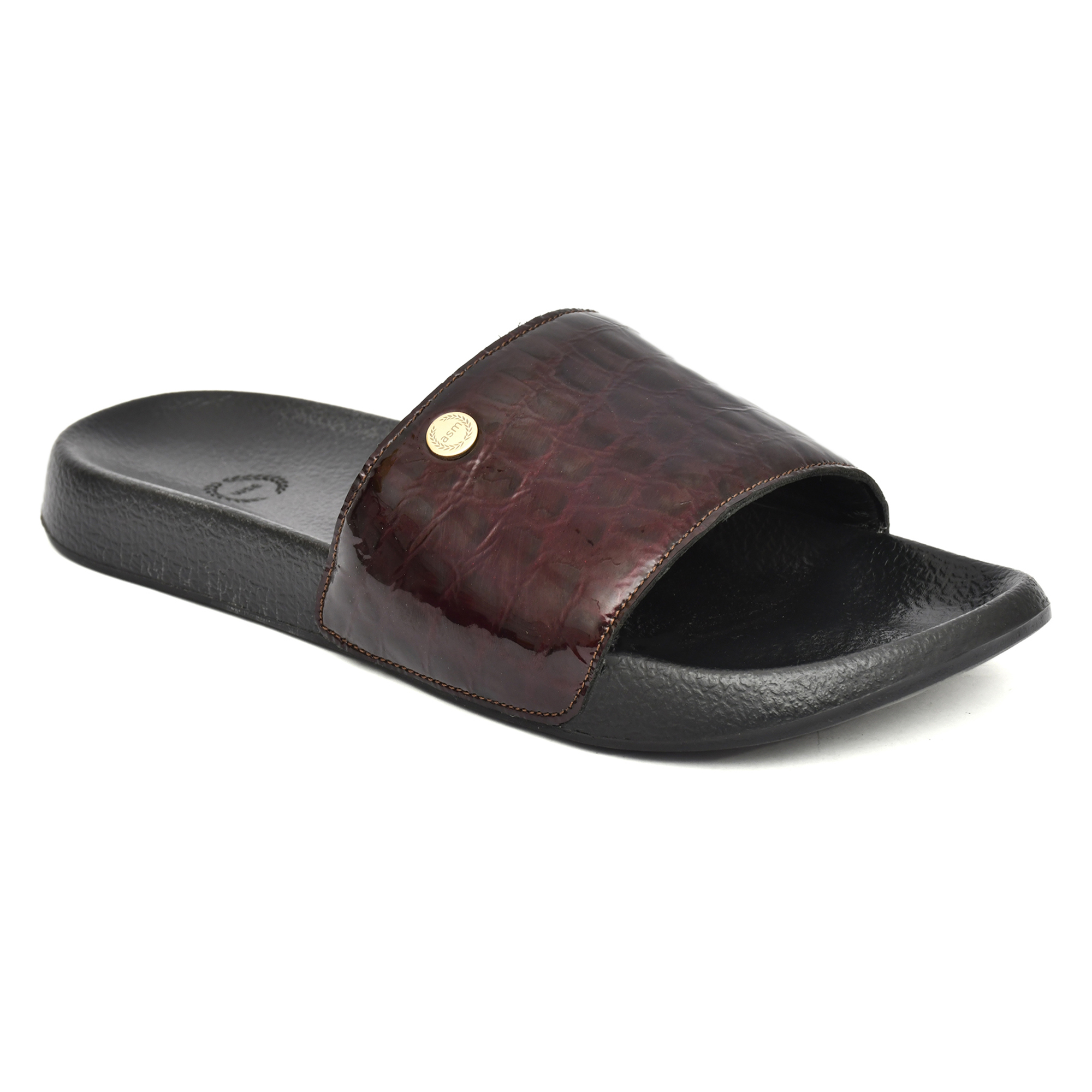 Wine Alligator Embossed Leather Slippers for Men by asm.