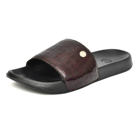 Wine Alligator Embossed Leather Slippers for Men by asm.