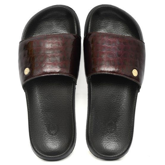 Wine Alligator Embossed Leather Slippers for Men by asm.