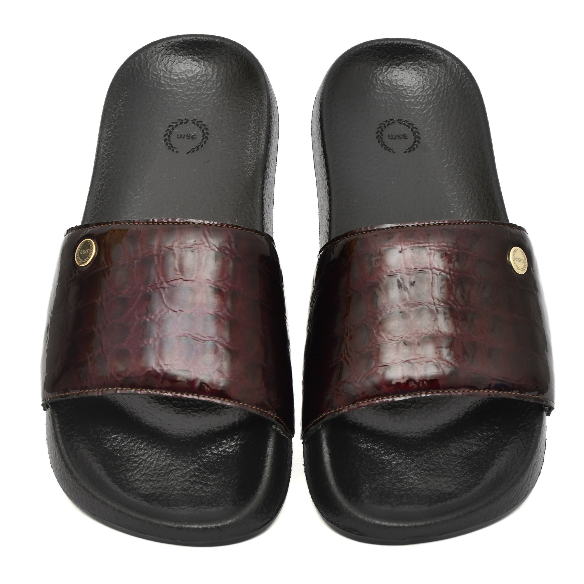 Wine Alligator Embossed Leather Slippers for Men by asm.